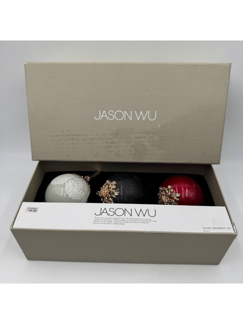Jason Wu Glass Ornament Set Of 3 Deep Red White Black Gold Accents